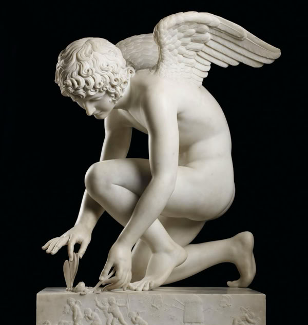 Cupido y la Mariposa (Antoine-Denis Chaudet 1817 museo del Louvre)  El amor, joven adolescente alado le presenta una rosa a una mariposa que retiene por sus alas: es el símbolo del alma -Psyché en griego- prisionera del amor. El mito de Amor y Psyché.   